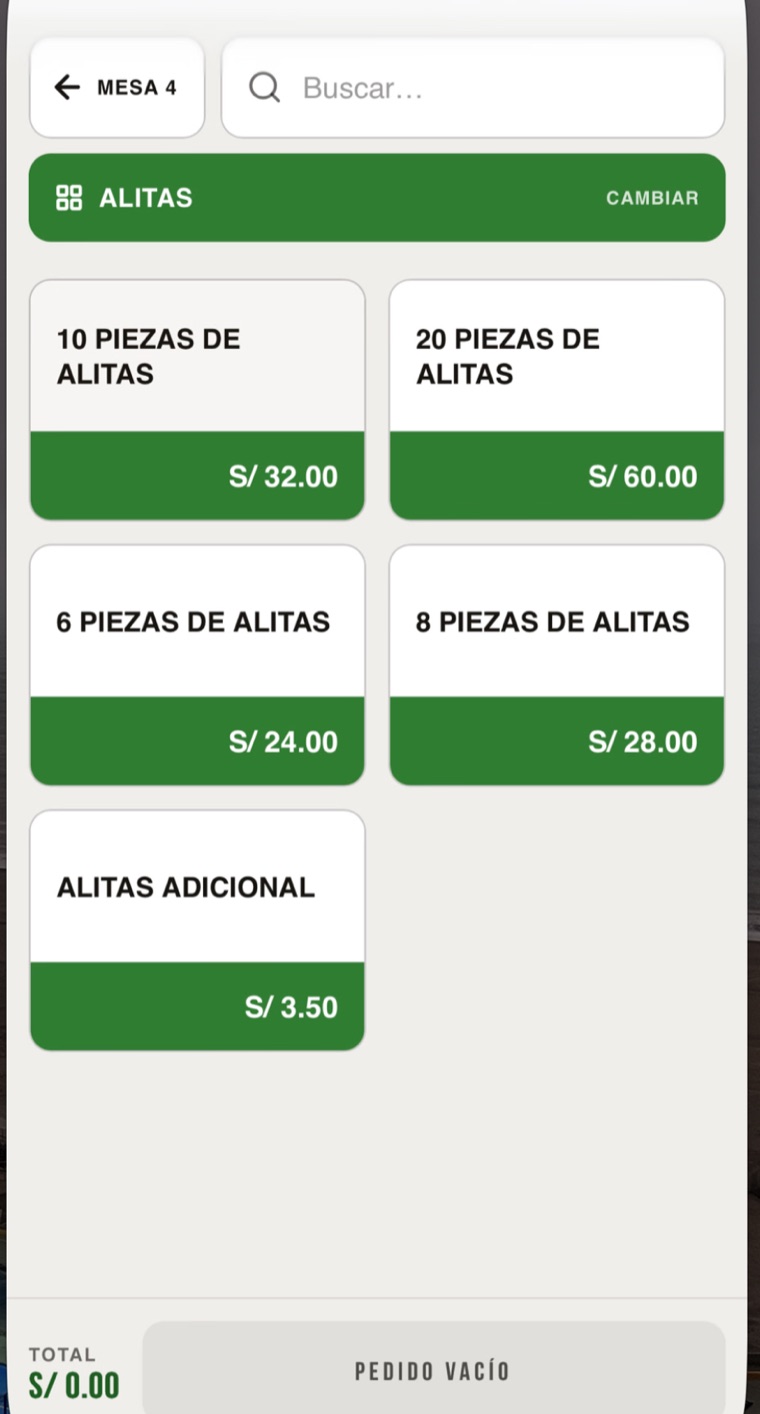 Pantalla para tomar el pedido de la mesa 4 en la categoría Alitas, con el precio visible en cada opción.